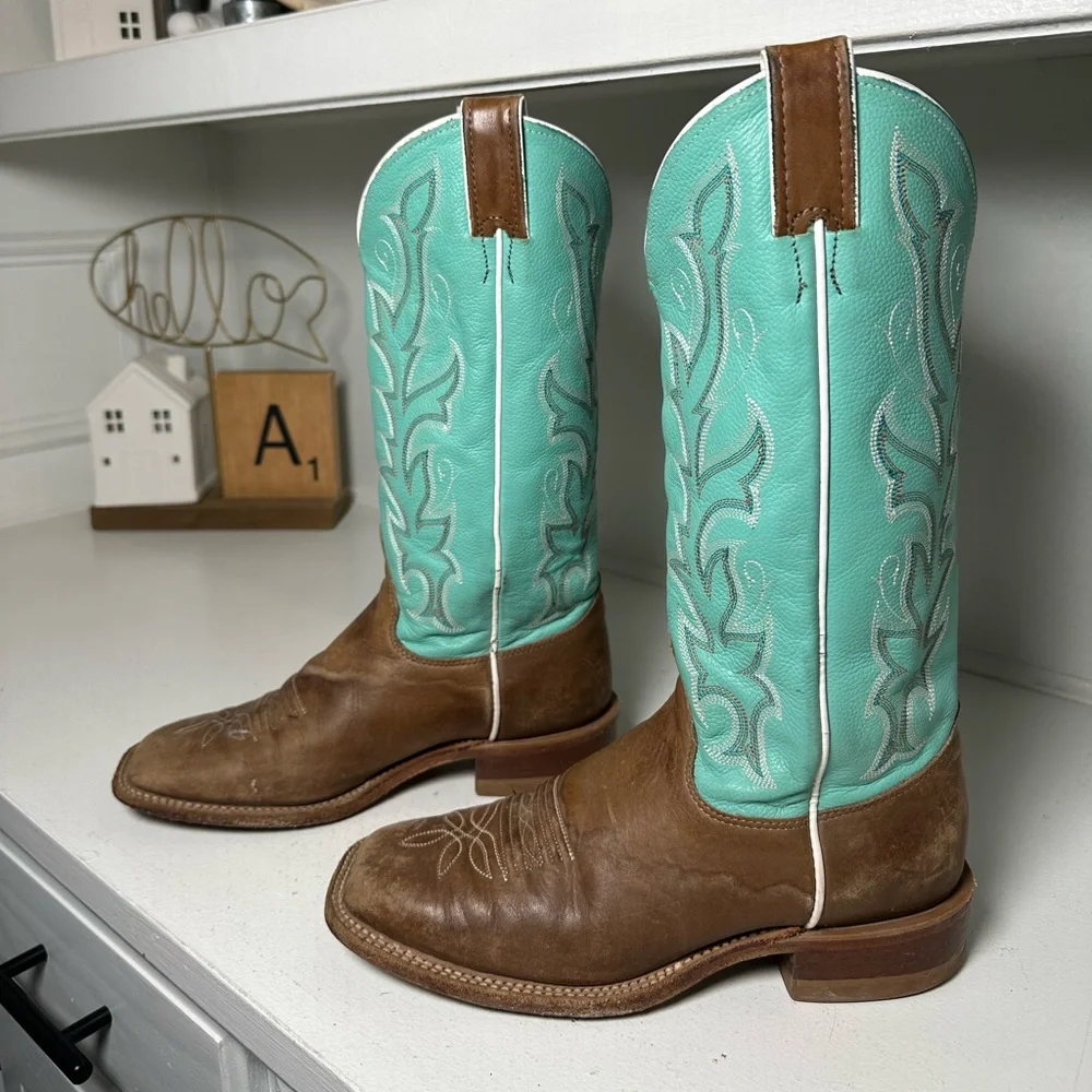 Justin Women’s 8B Cowboy Boots Brown Leather & Turquoise Western Handmade USA - Picture 1 of 9